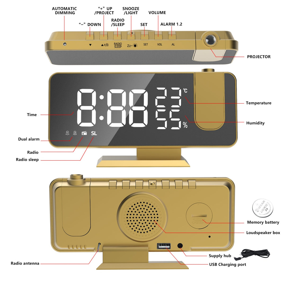 Projection Alarm Clock with Radio and Humidity Display