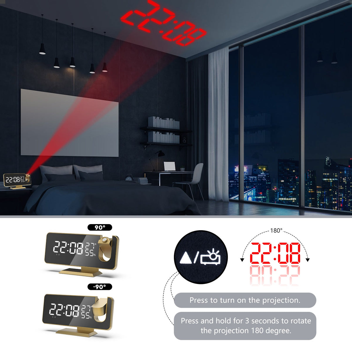 Projection Alarm Clock with Radio and Humidity Display