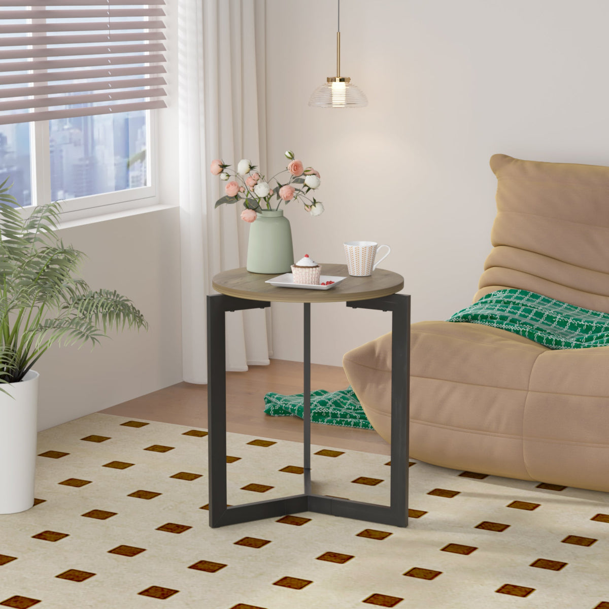 Round Side Table with Sturdy Metal Frame for Living Room