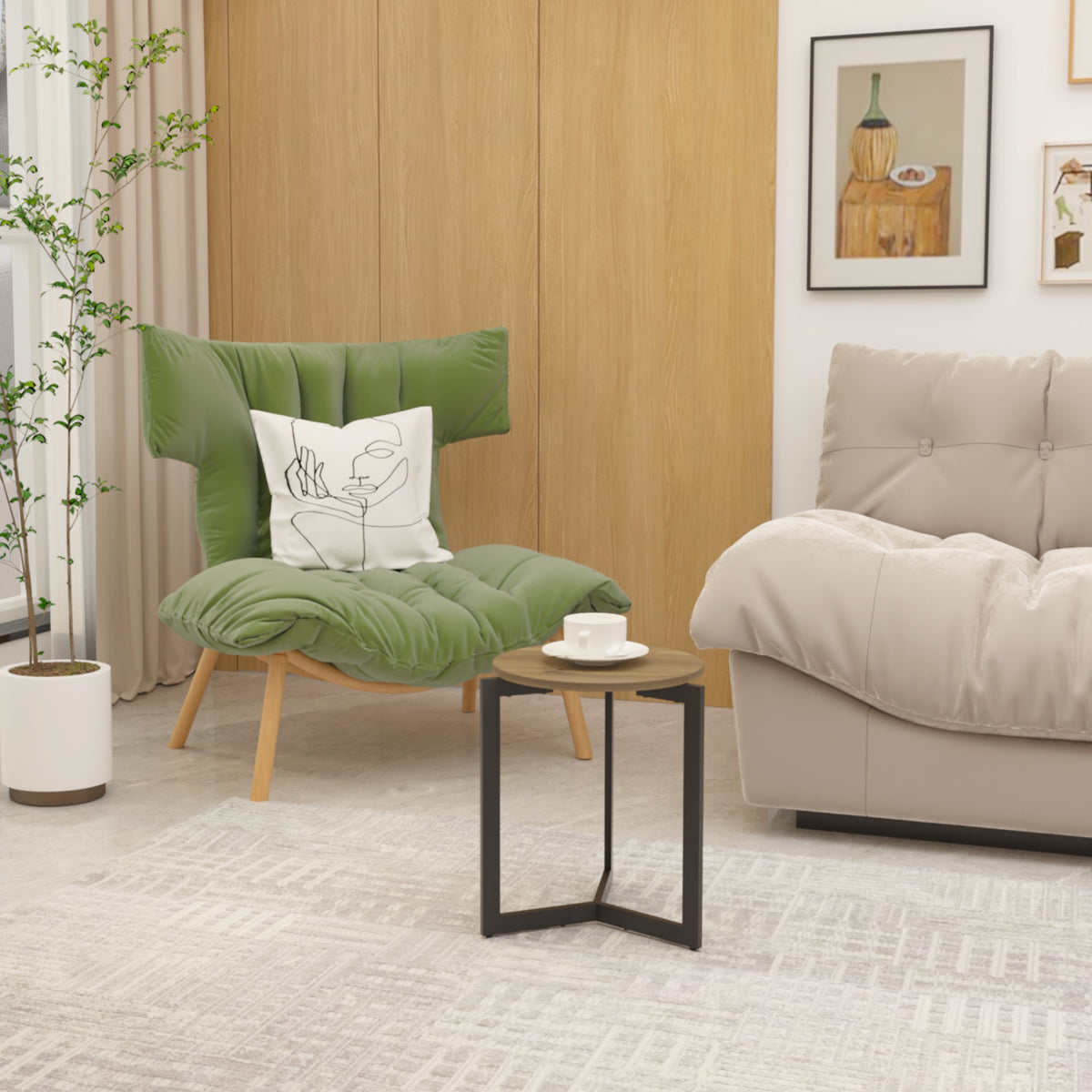 Round Side Table with Sturdy Metal Frame for Living Room