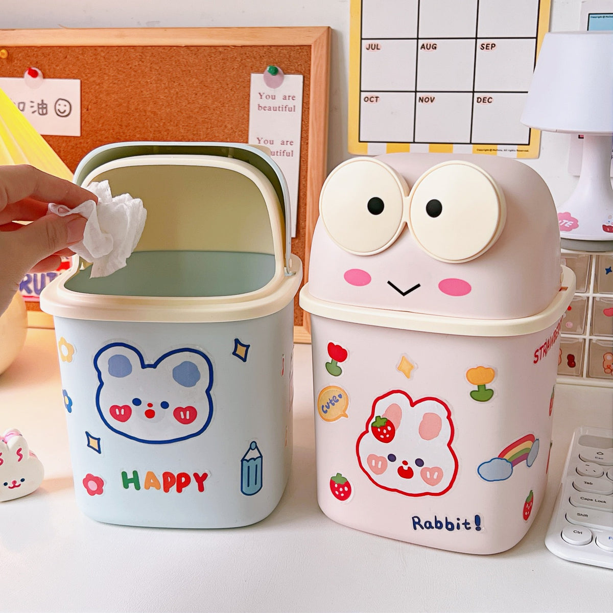Cute Frog Flip-Lid Desk Trash Can for Dorm Desk Clutter