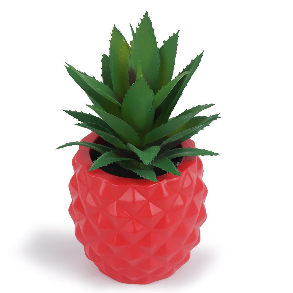 Red Pineapple Planter with Faux Agave for Desk Decor
