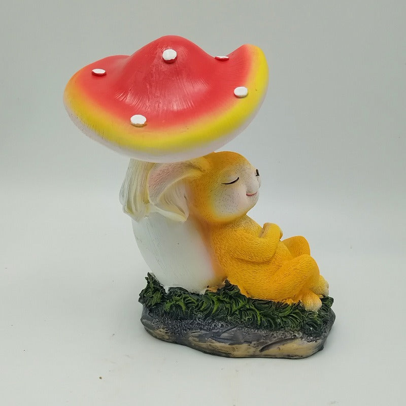 Sleeping Bunny Garden Statue with Red Mushroom Cap