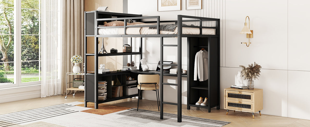 Full-Size Metal Loft Bed with Desk, Wardrobe & Storage