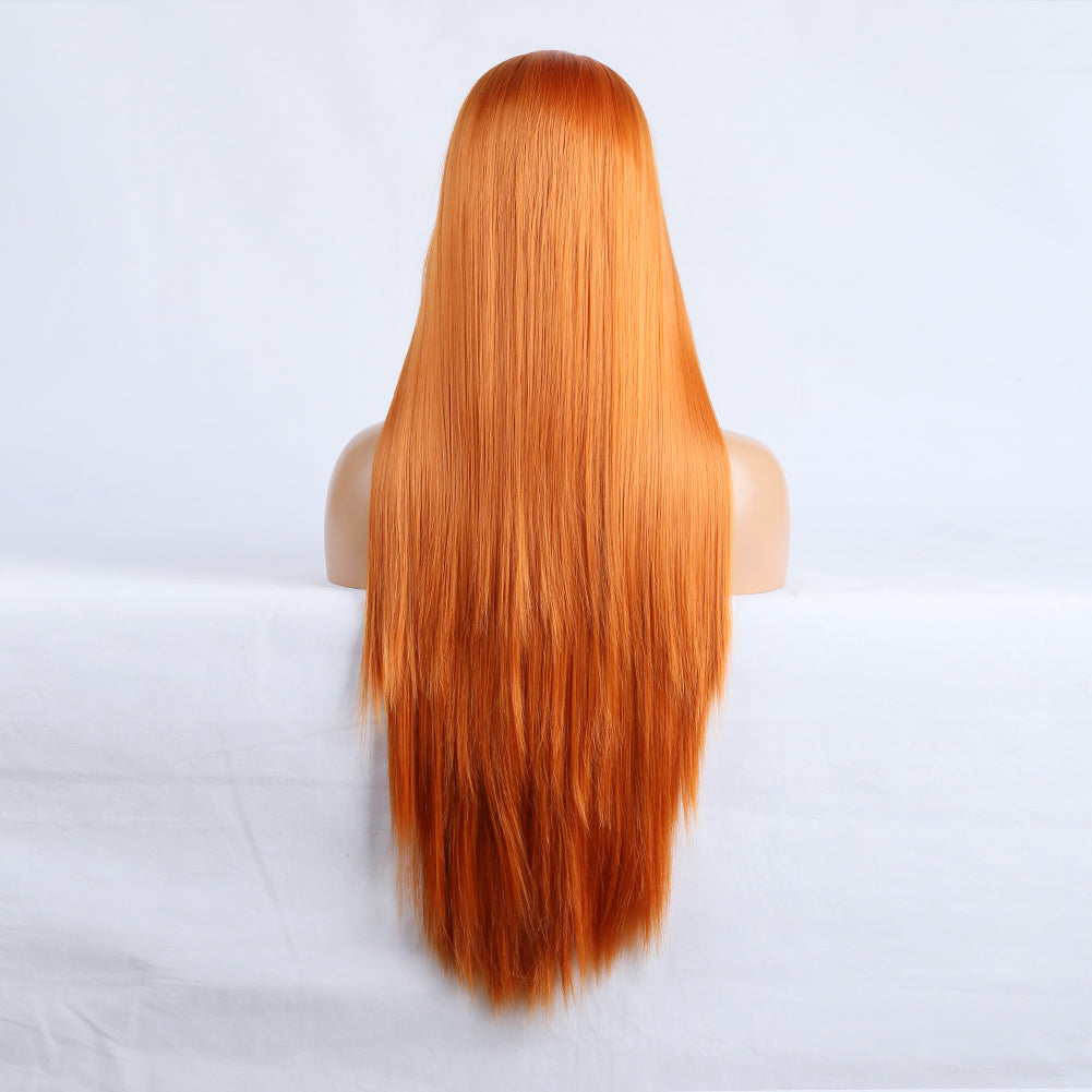 Long Straight Orange Lace-Front Wig With Natural Hairline