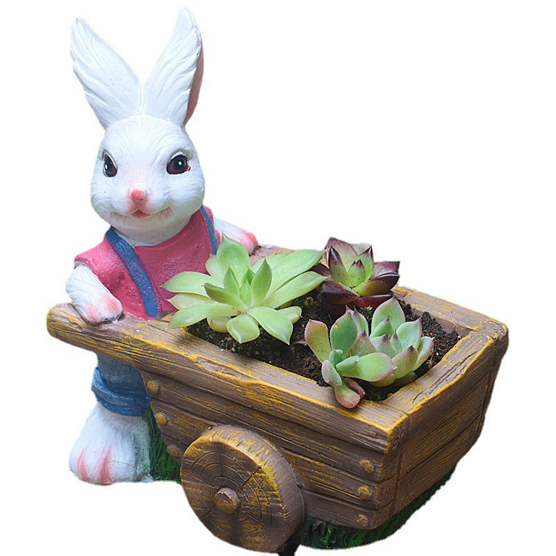 Rabbit Succulent Planter with Cart, Hand-Painted Resin