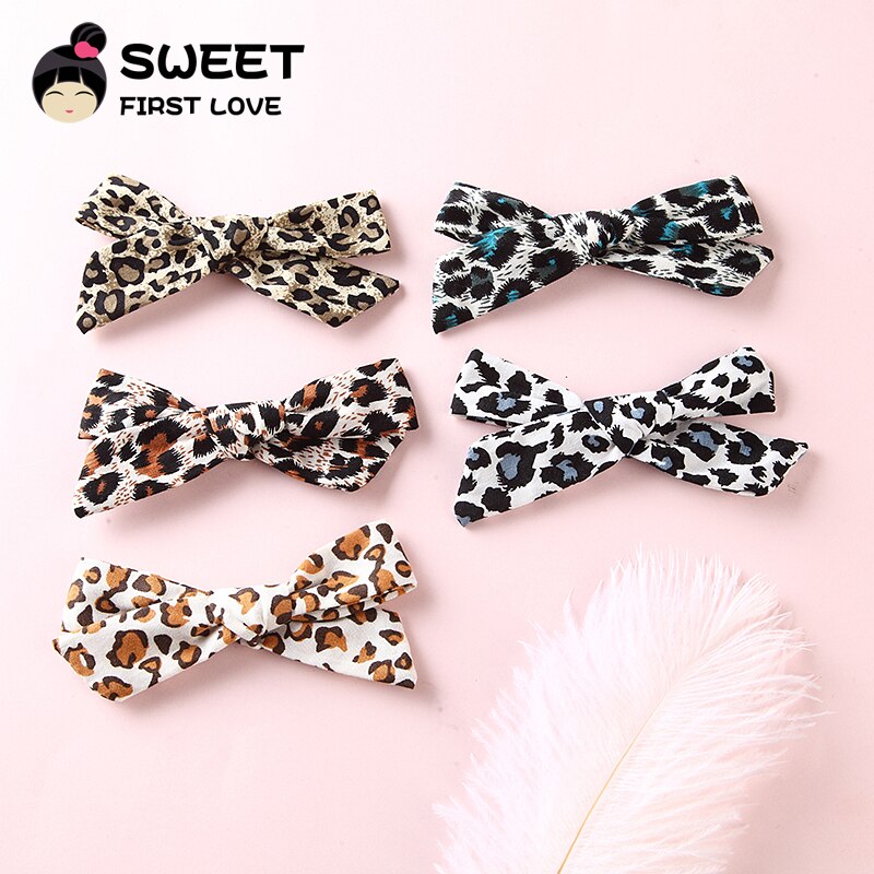 Girls Leopard Hair Clips, 5-Piece Soft Fabric Bow Set