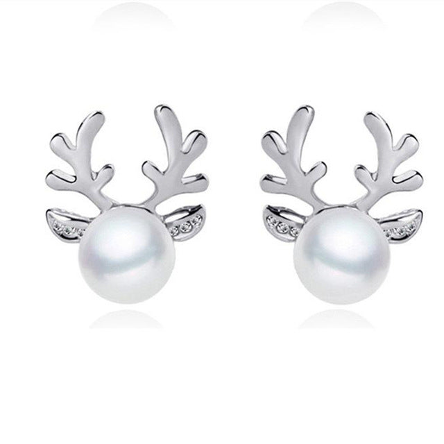 Reindeer Stud Earrings With Elegant Pearl Centerpiece