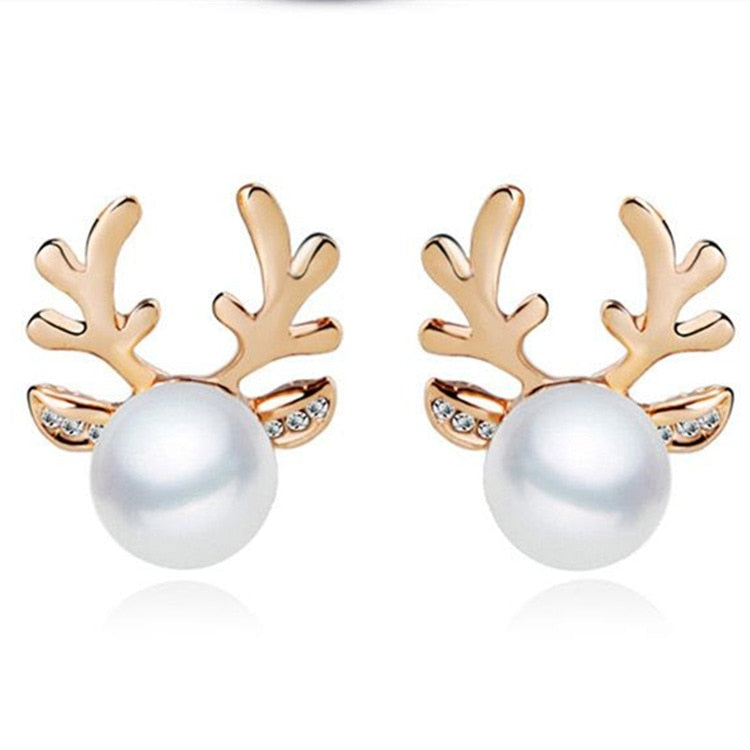 Reindeer Stud Earrings With Elegant Pearl Centerpiece