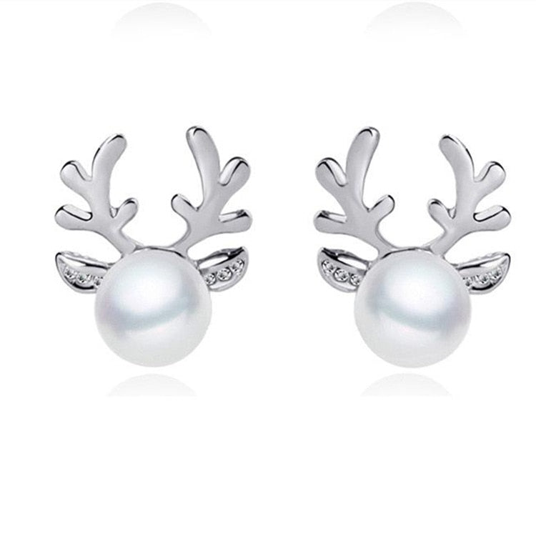 Reindeer Stud Earrings With Elegant Pearl Centerpiece