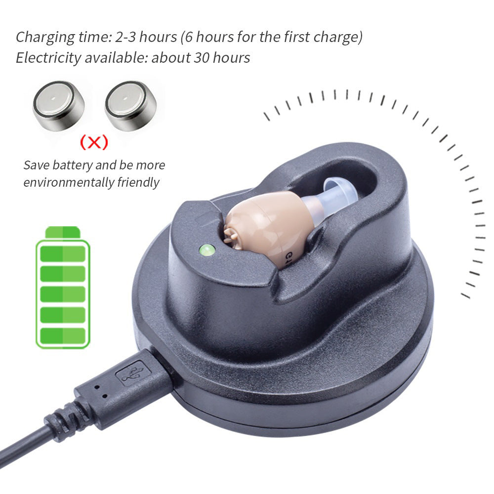 Rechargeable In-Ear Sound Amplifier with Charging Cradle