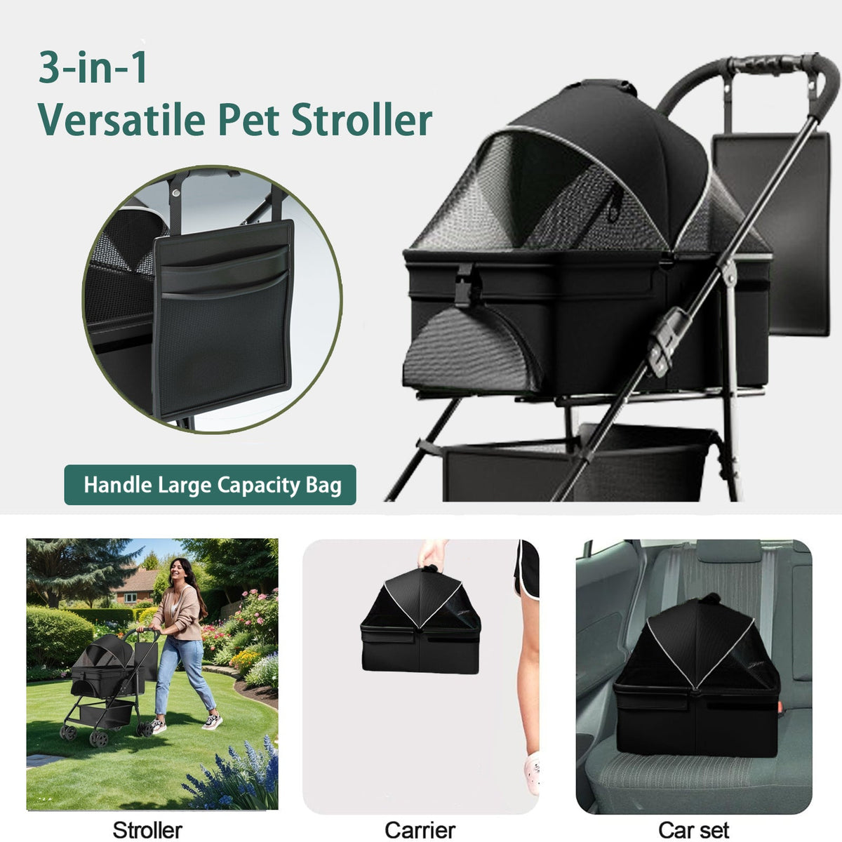 3-in-1 Pet Stroller, Carrier & Car Seat for Small Pets