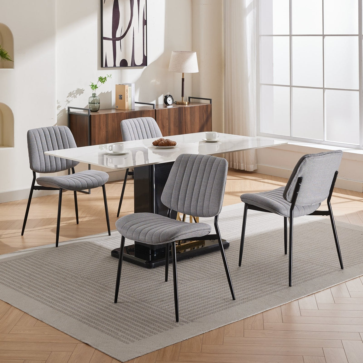 Linen Dining Chair Set, Retro Gray Curved Backrest