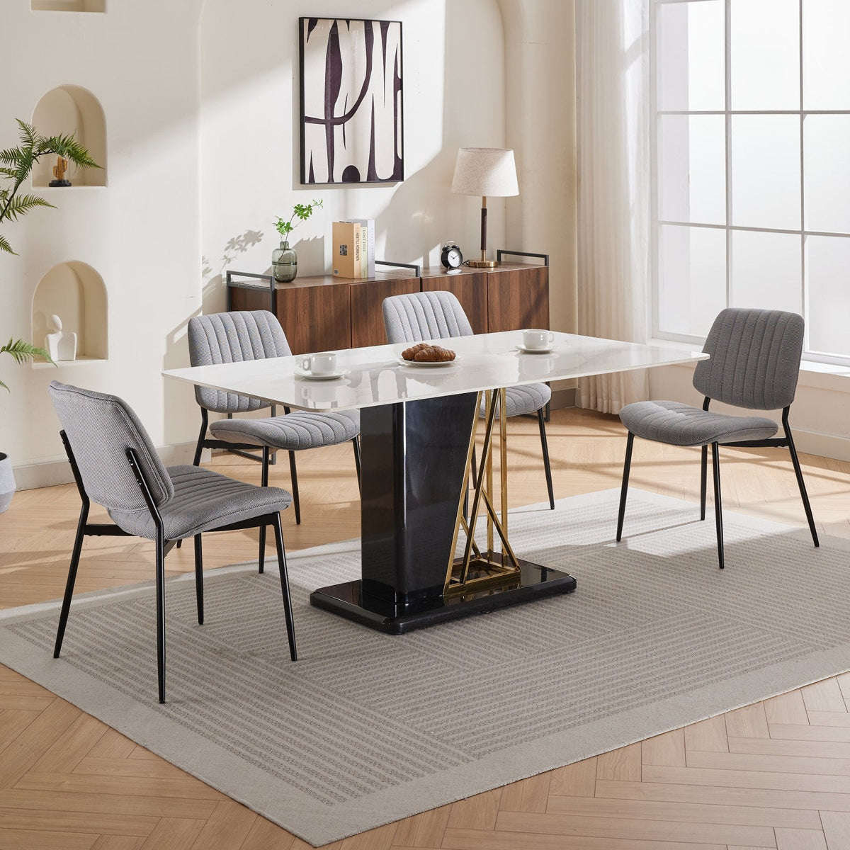 Linen Dining Chair Set, Retro Gray Curved Backrest