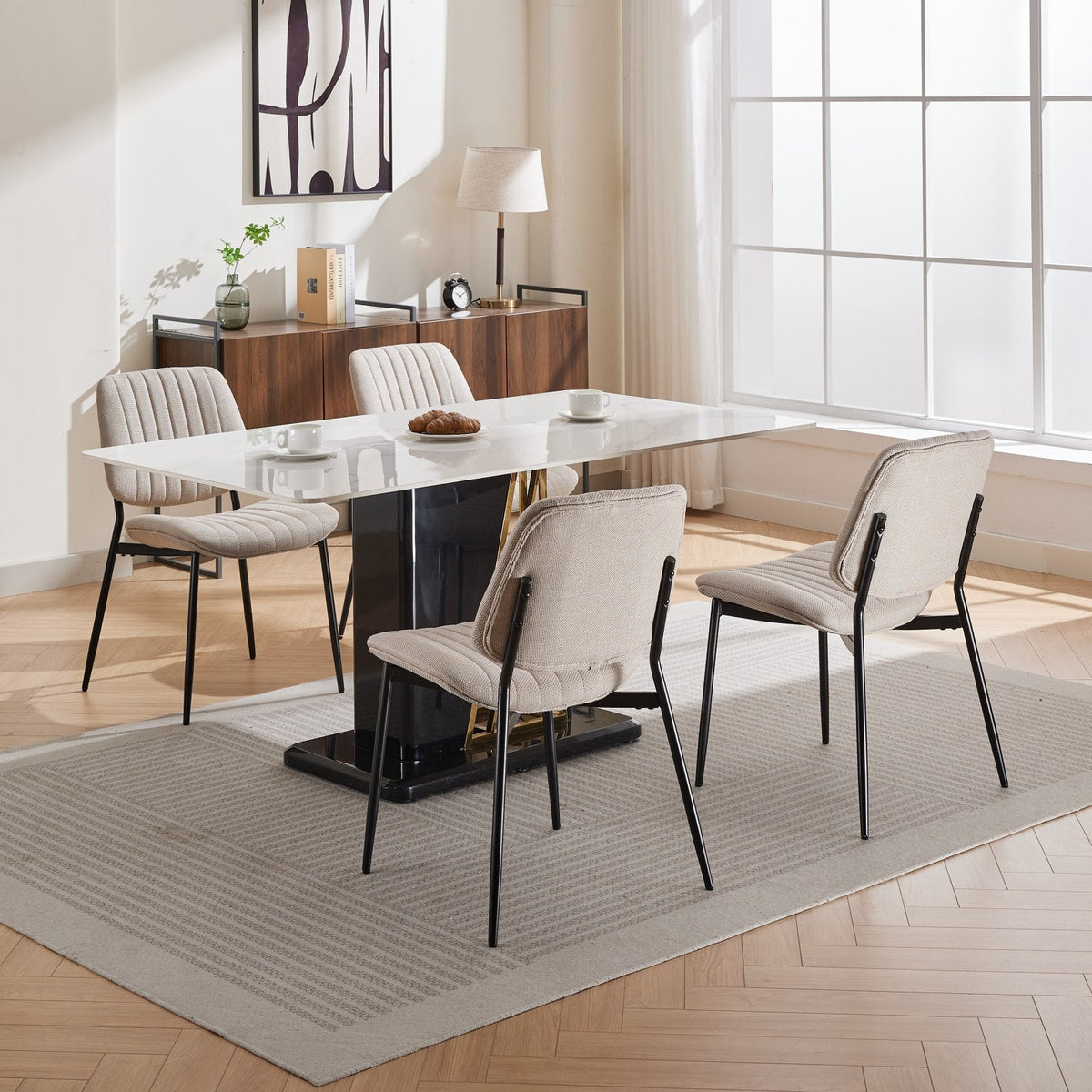 Retro Linen Dining Chair Set of 2 with Padded Curved Back