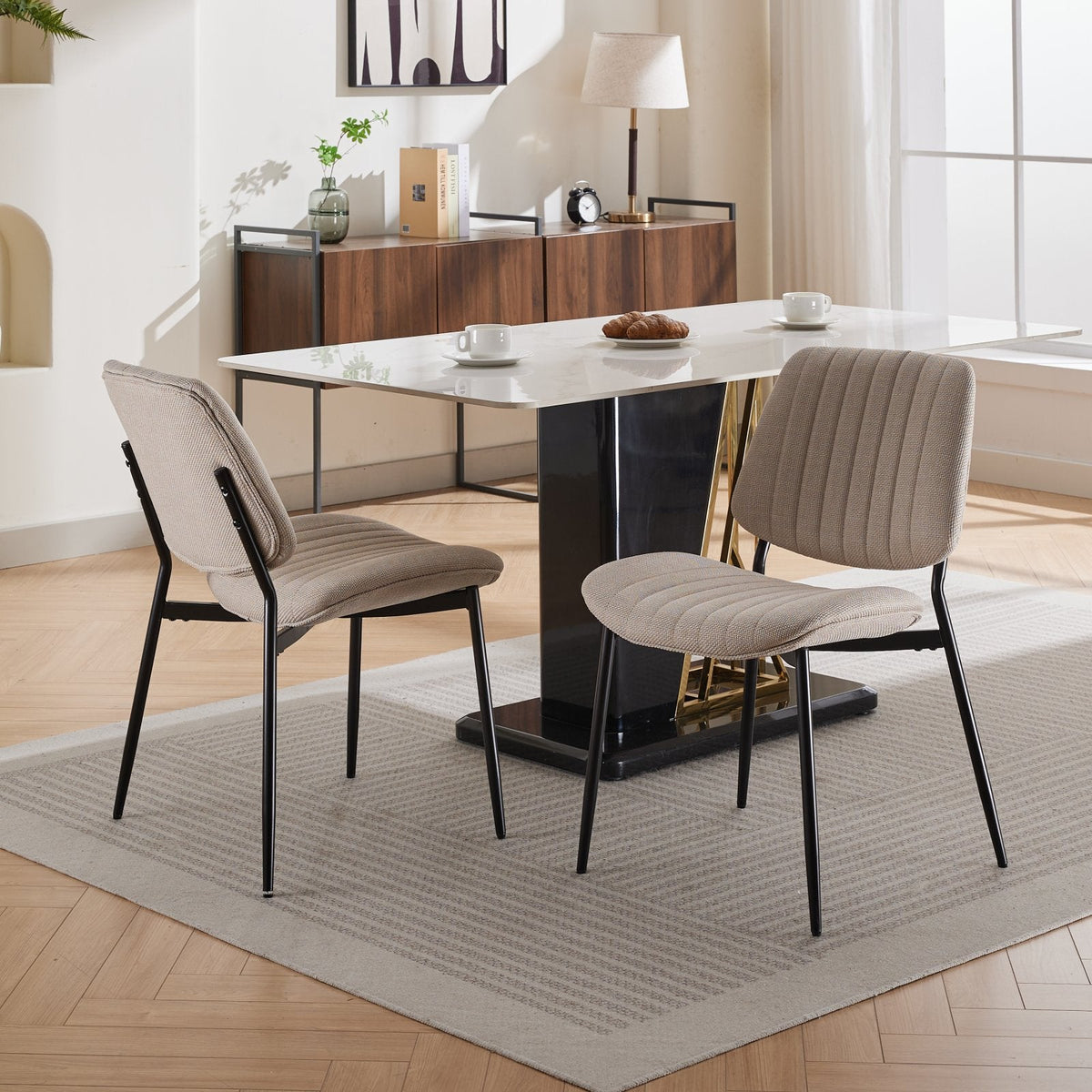 Retro Linen Dining Chair Set of 2 with Padded Curved Back
