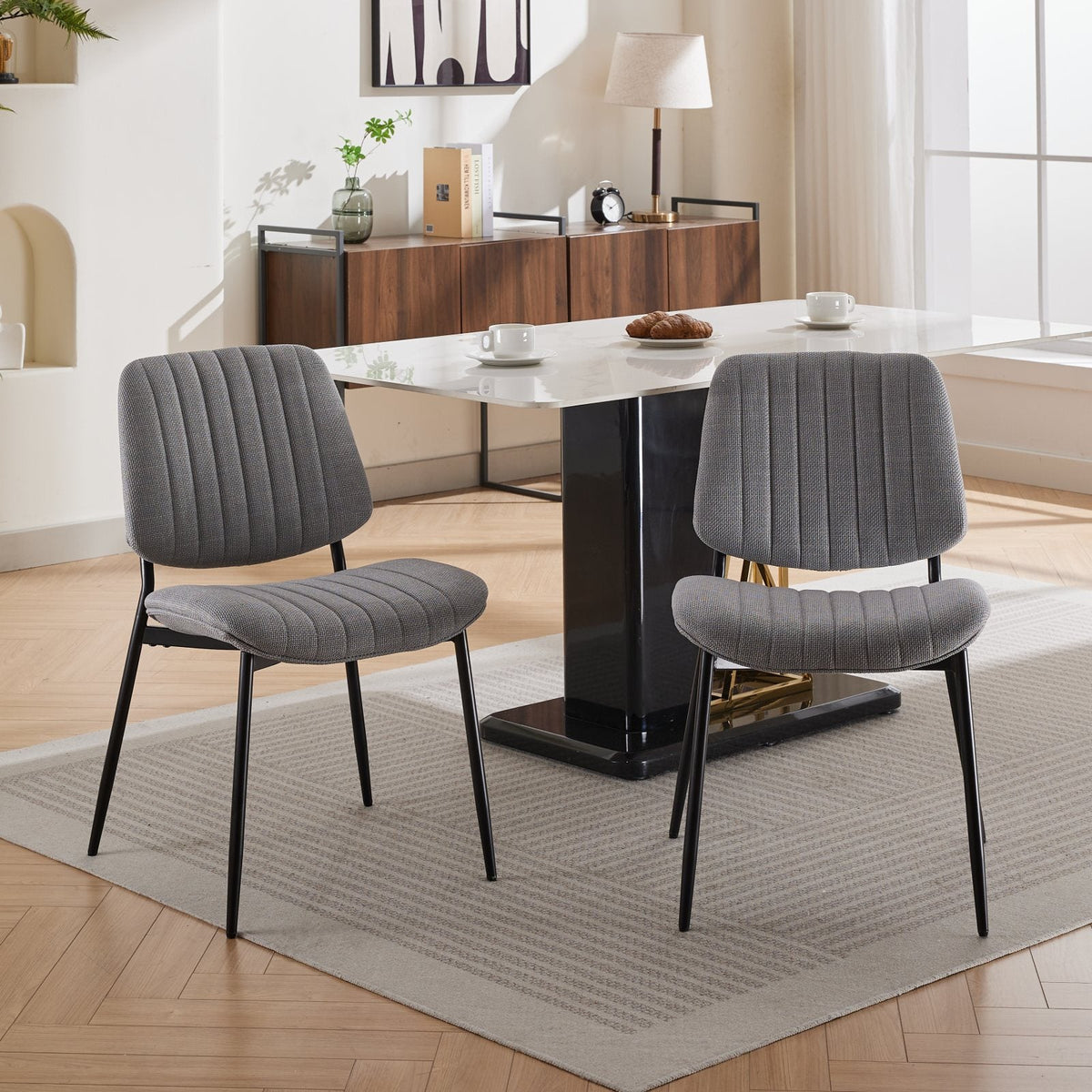 Linen Dining Chair Set, Retro Gray Curved Backrest