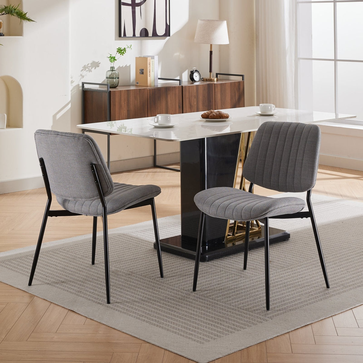 Linen Dining Chair Set, Retro Gray Curved Backrest