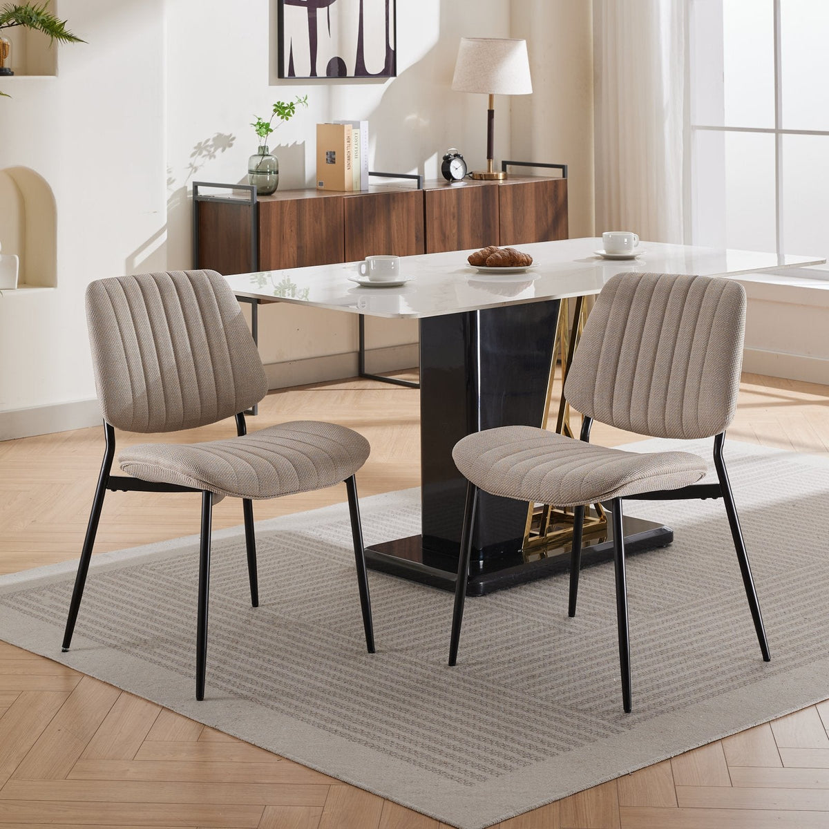 Retro Linen Dining Chair Set of 2 with Padded Curved Back