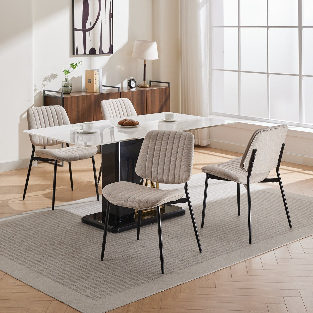 Retro Linen Dining Chair Set of 2 with Padded Curved Back