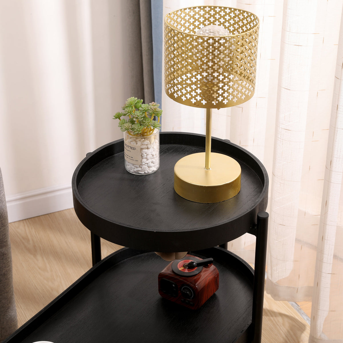 Black 2-Tier Side Table with Storage for Living Room