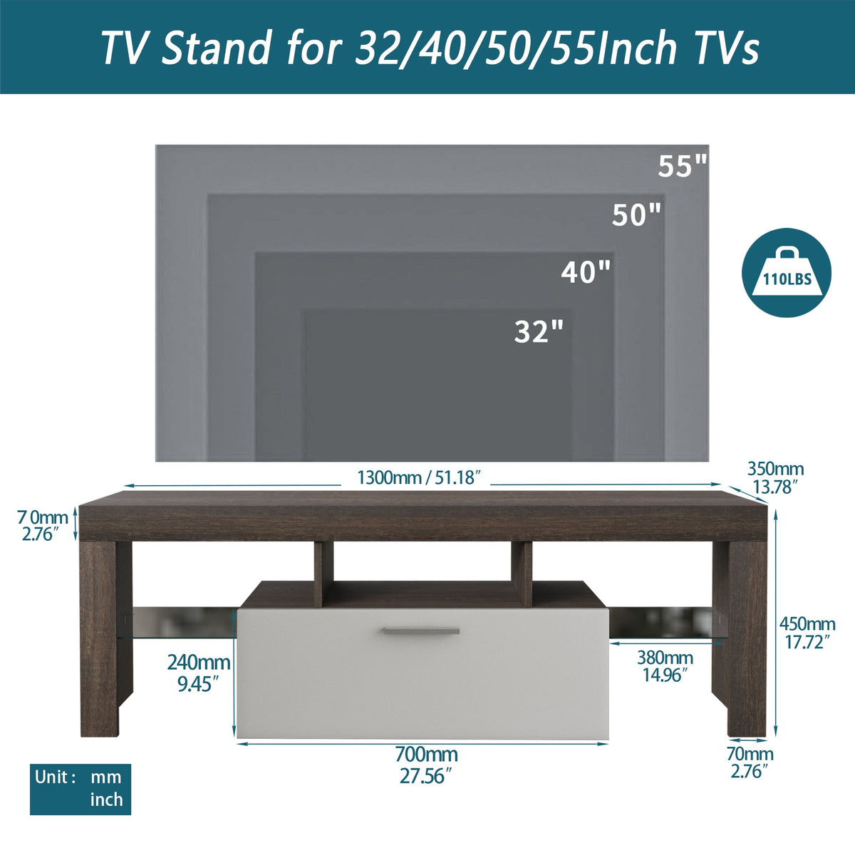 Brown TV Stand with LED Lights for 32 to 55 Inch TVs
