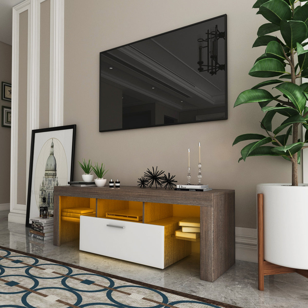 Brown TV Stand with LED Lights for 32 to 55 Inch TVs