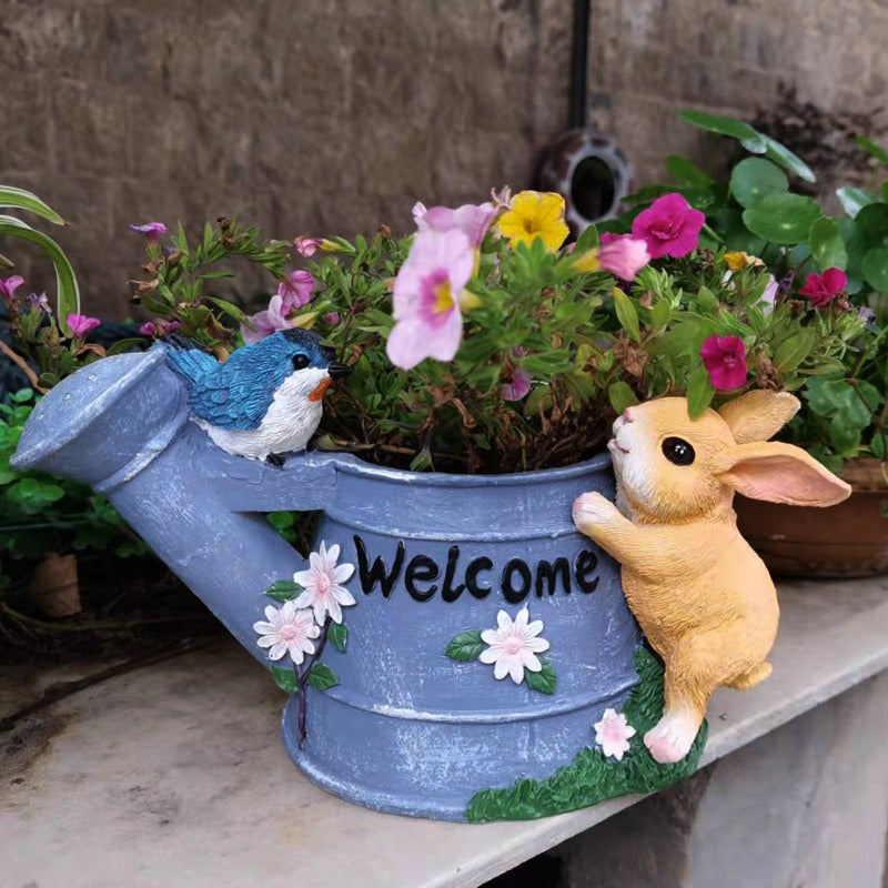 Watering Can Flower Planter with Bunny and Bluebird Decor