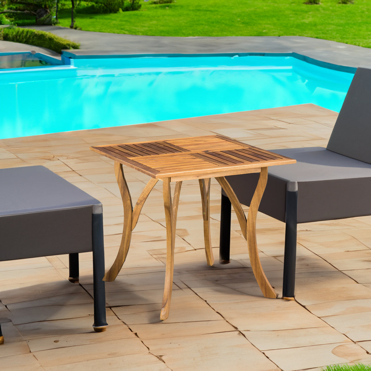 Teak-Finish Square Wood Patio Table for Two Outdoors