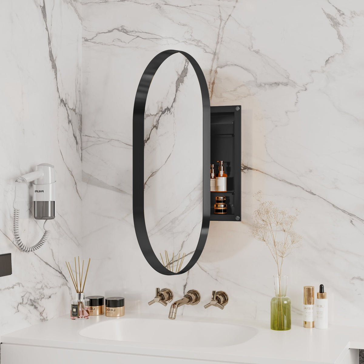 Oval Recessed Medicine Cabinet With Adjustable Shelves