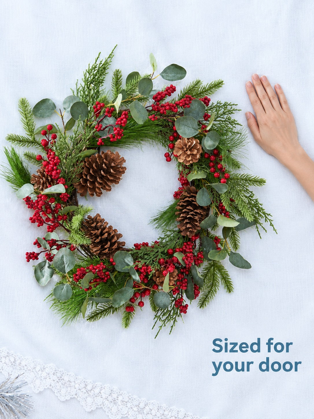 22 Inch Berry Pinecone Wreath for Front Door Holidays