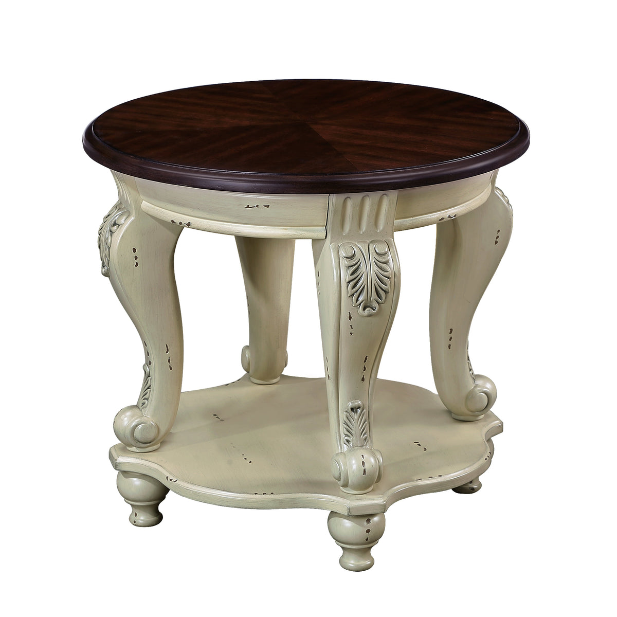 Solid Wood Round Side Table with Shelf and Cherry Top