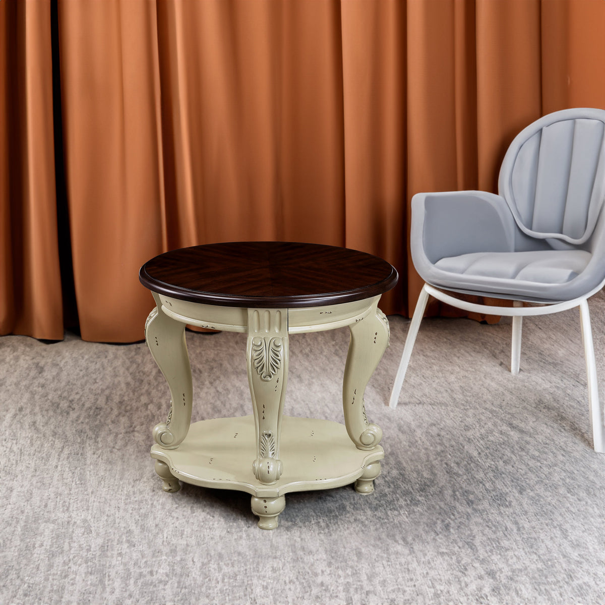 Solid Wood Round Side Table with Shelf and Cherry Top
