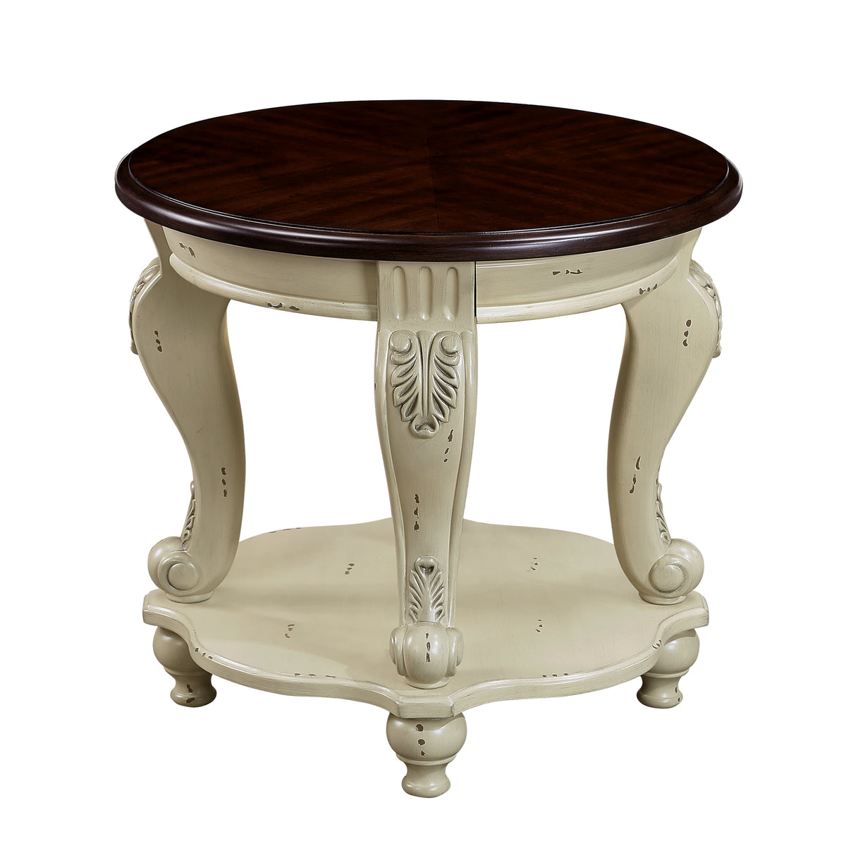 Solid Wood Round Side Table with Shelf and Cherry Top
