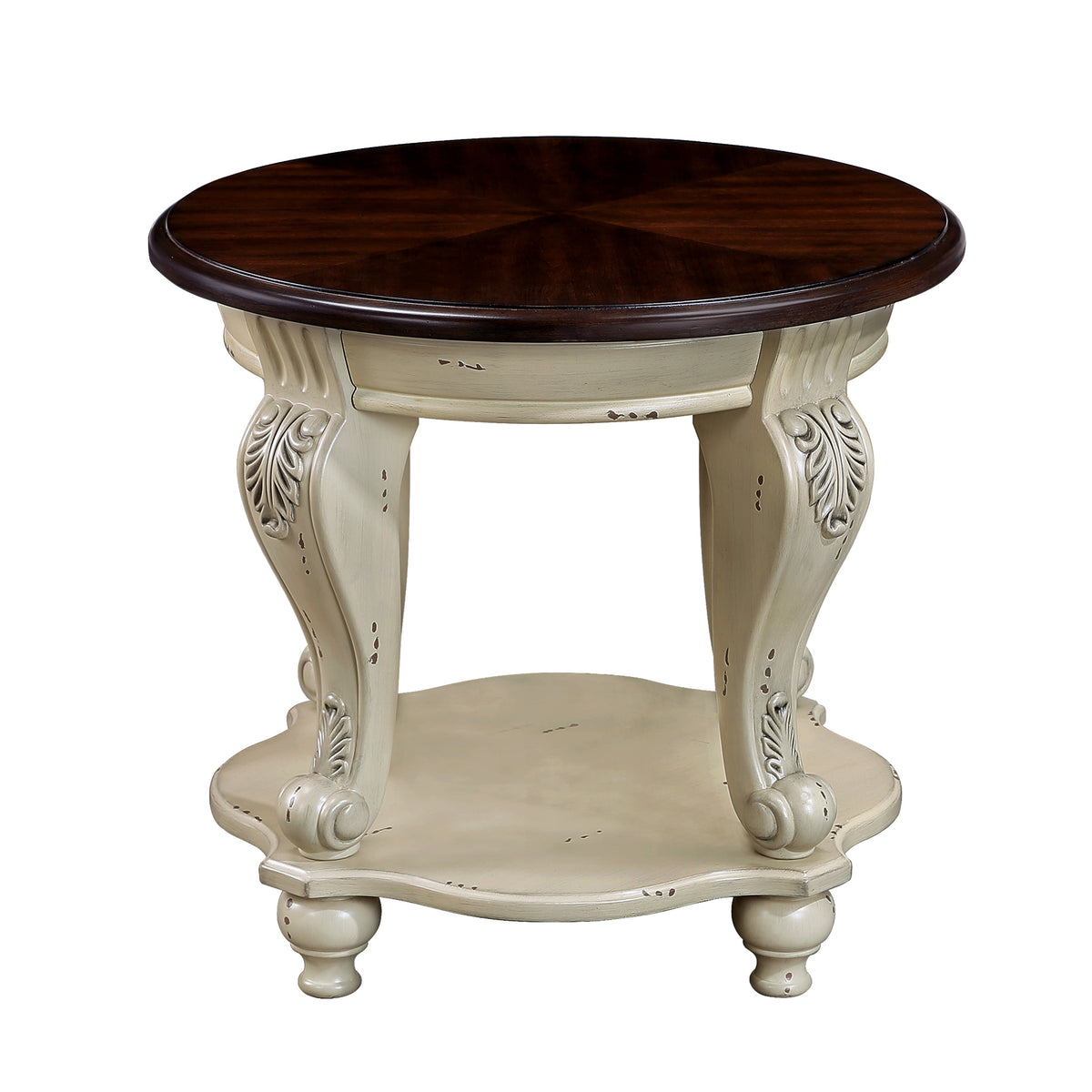 Solid Wood Round Side Table with Shelf and Cherry Top