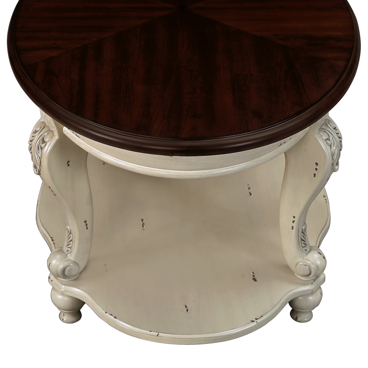 Solid Wood Round Side Table with Shelf and Cherry Top