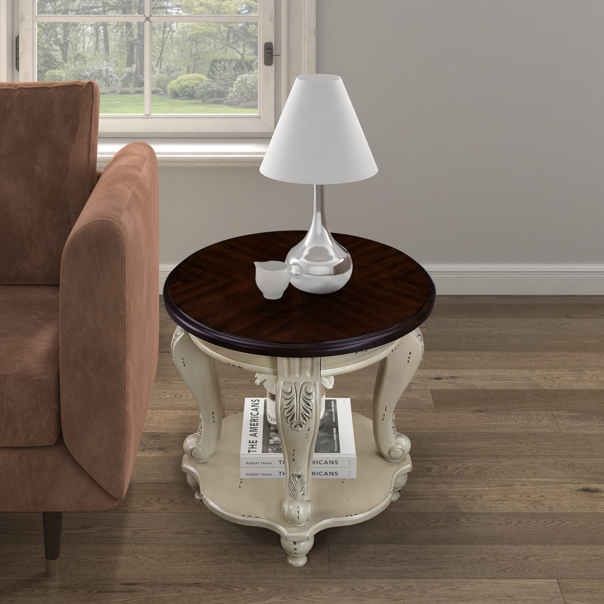 Solid Wood Round Side Table with Shelf and Cherry Top