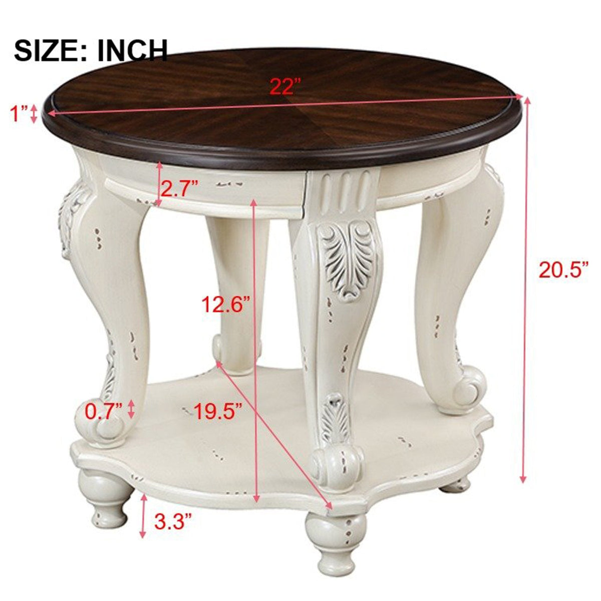 Solid Wood Round Side Table with Shelf and Cherry Top