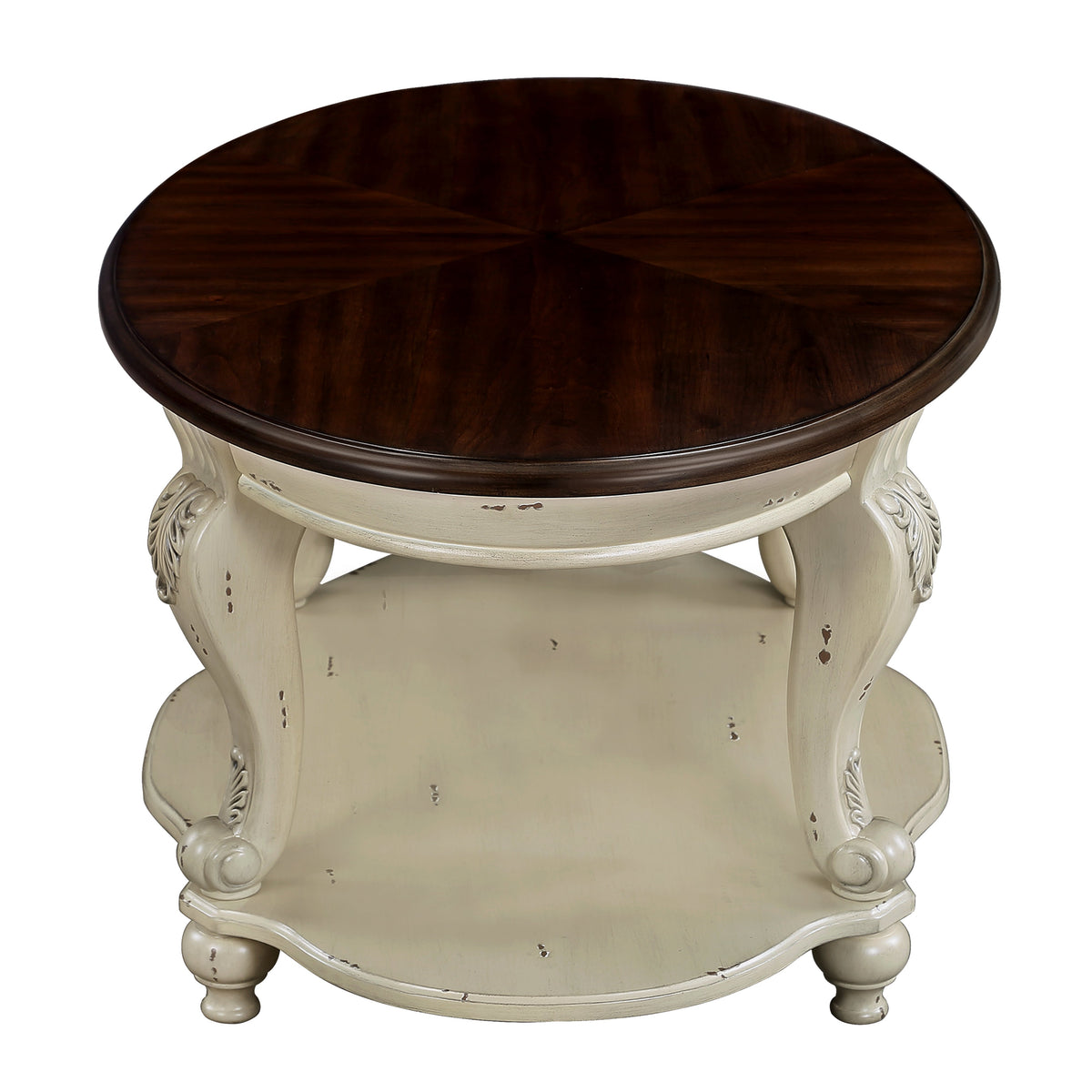 Solid Wood Round Side Table with Shelf and Cherry Top