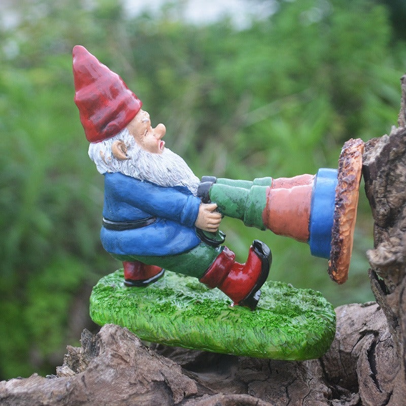 Garden Gnome Figurine with Leg Through Pot, Resin Decor