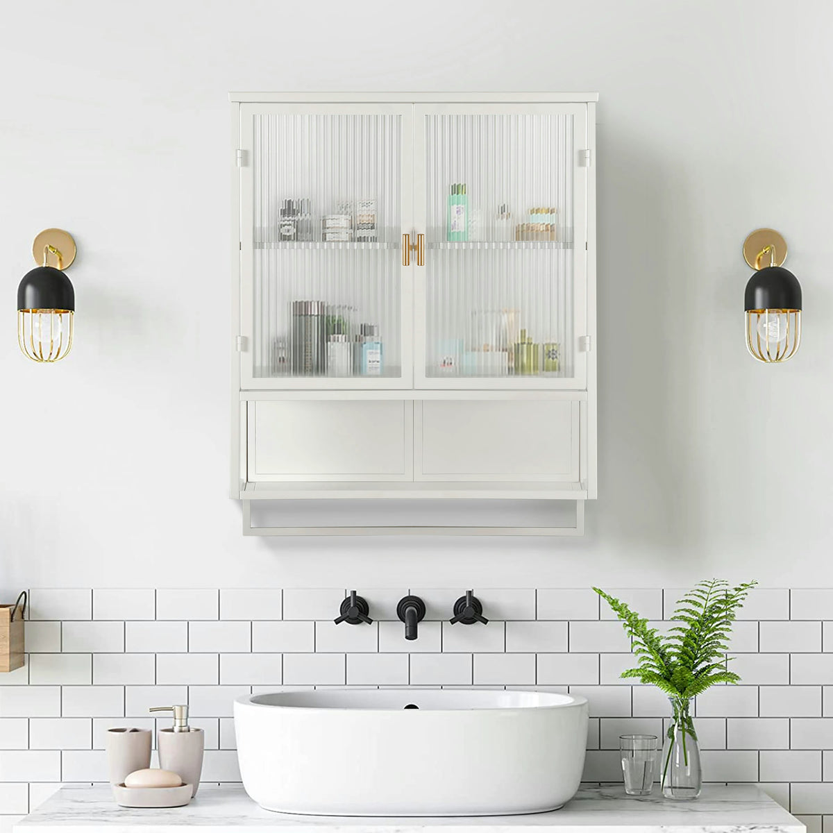 Wall Mounted Bathroom Cabinet with Fluted Glass Doors
