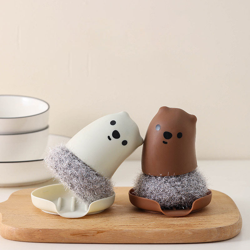 Bear Pot Brush with Steel Wire Scrubber and Saucer