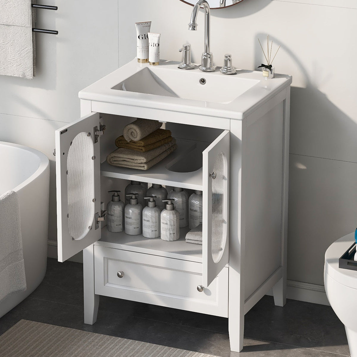 24 Inch Bathroom Vanity with Sink and Fluted Glass Doors