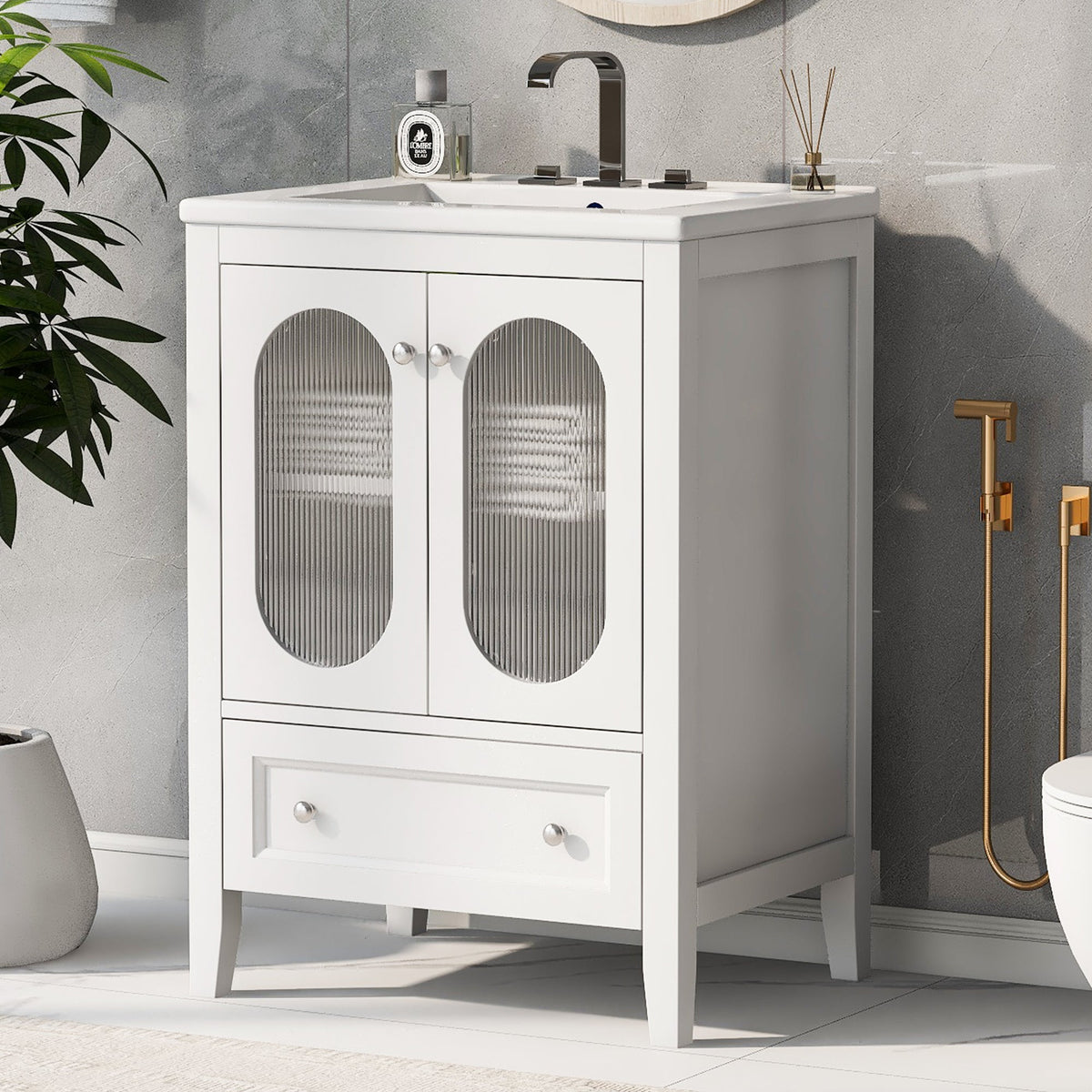 24 Inch Bathroom Vanity with Sink and Fluted Glass Doors