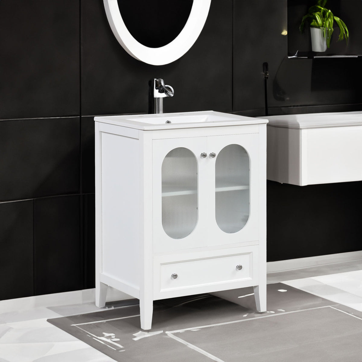24 Inch Bathroom Vanity with Sink and Fluted Glass Doors