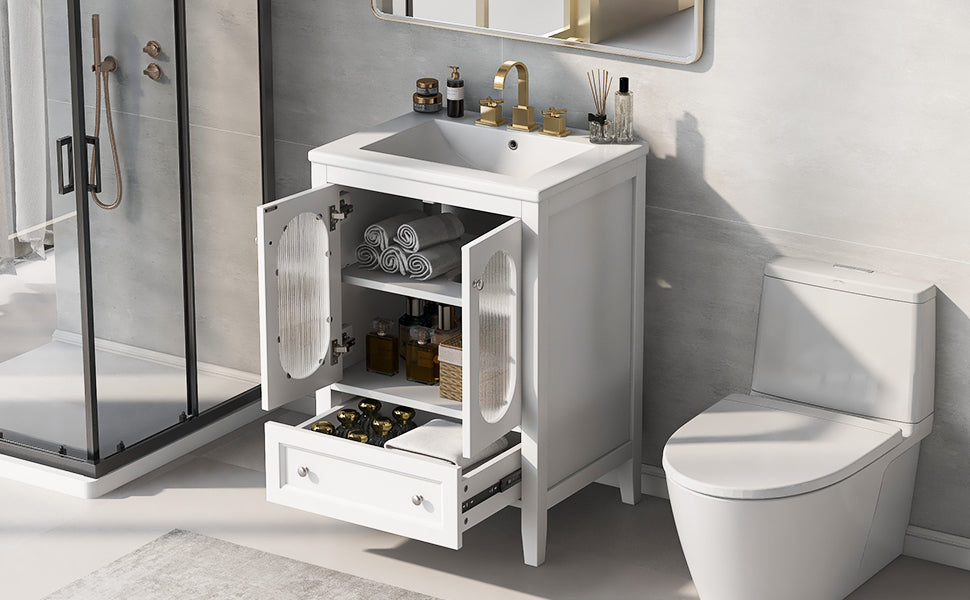 24 Inch Bathroom Vanity with Sink and Fluted Glass Doors