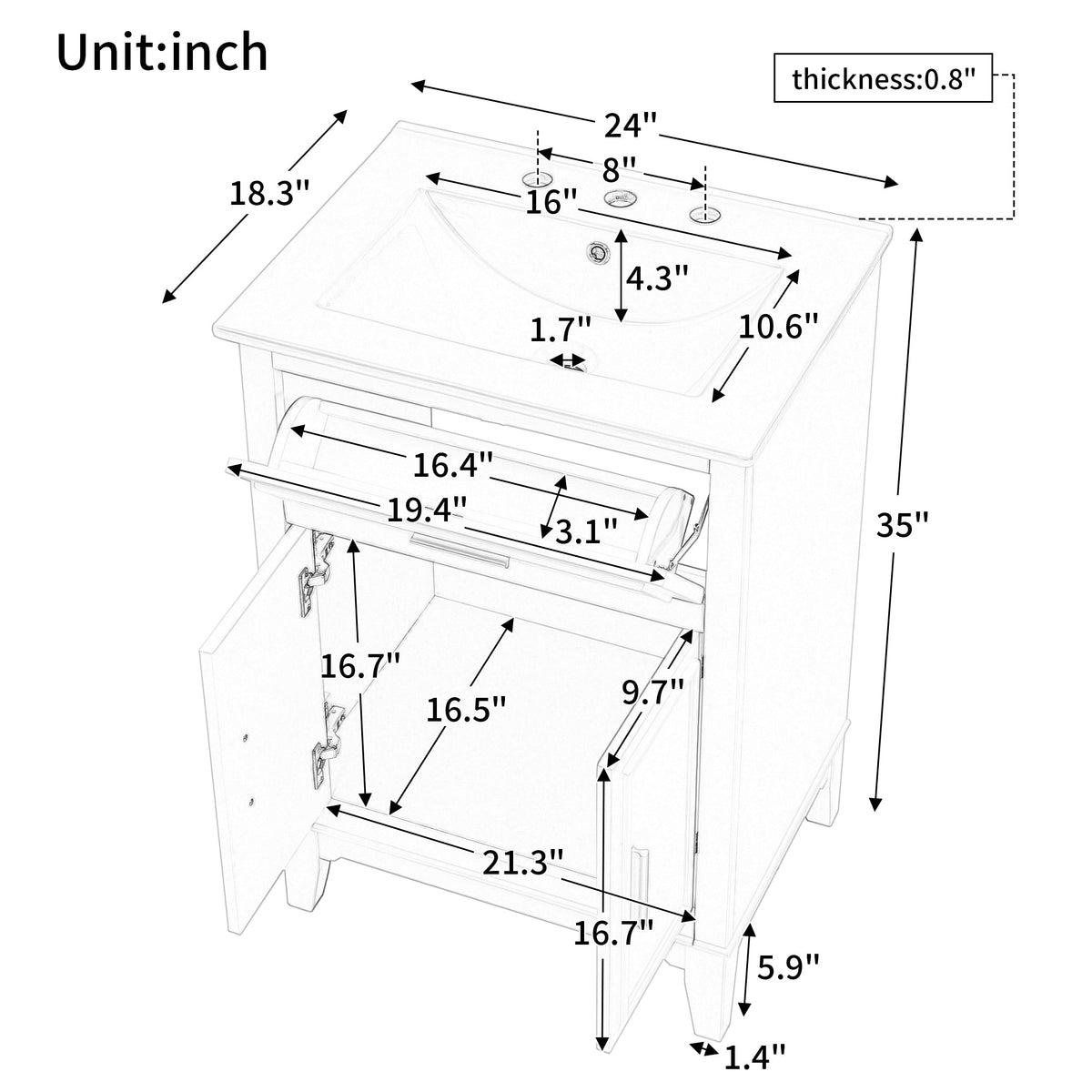 24 Inch Bathroom Vanity with Sink and Tip-Out Drawer