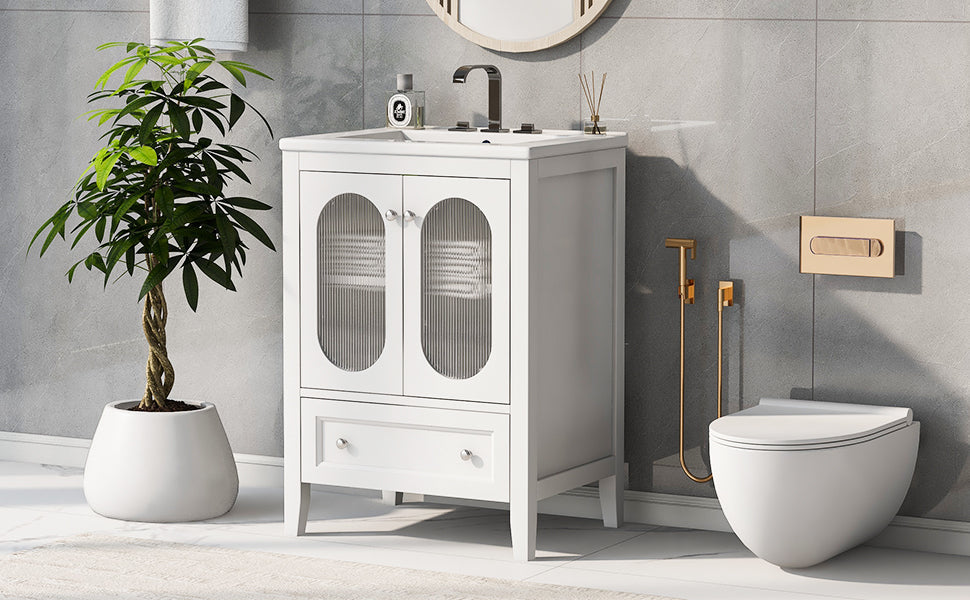 24 Inch Bathroom Vanity with Sink and Fluted Glass Doors