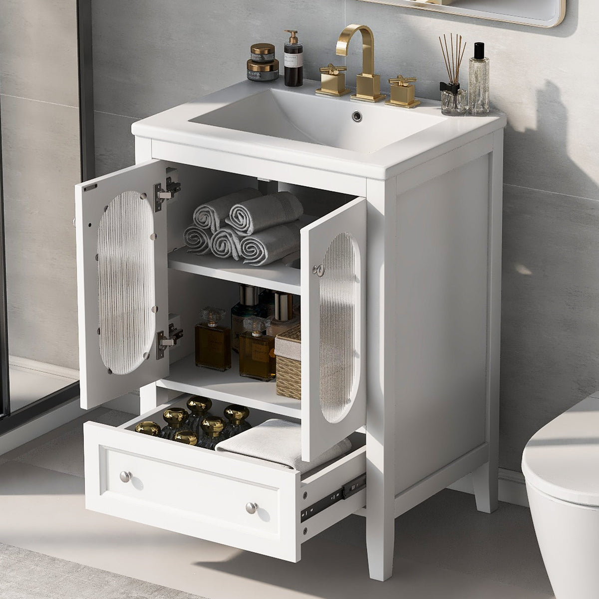 24 Inch Bathroom Vanity with Sink and Fluted Glass Doors