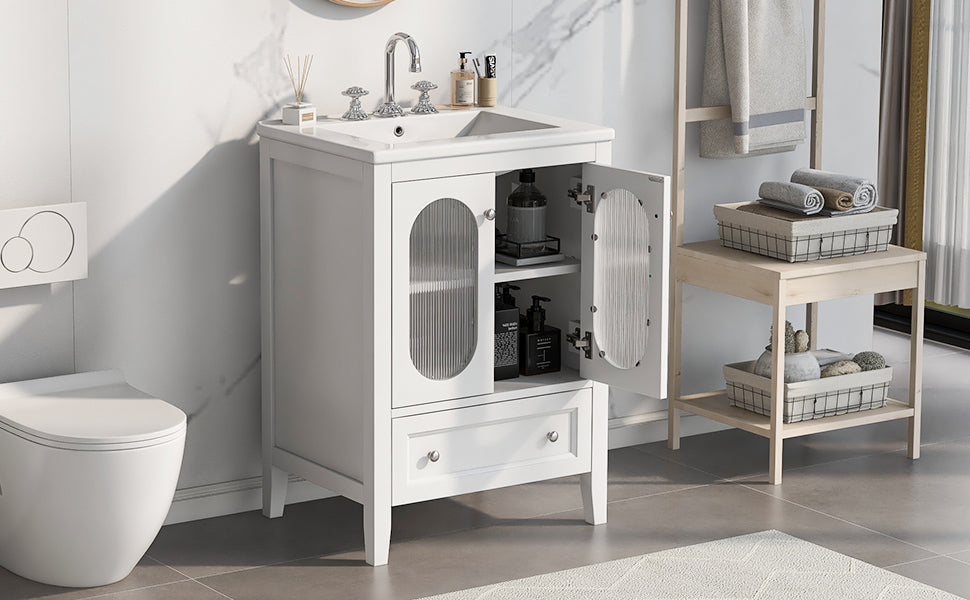 24 Inch Bathroom Vanity with Sink and Fluted Glass Doors